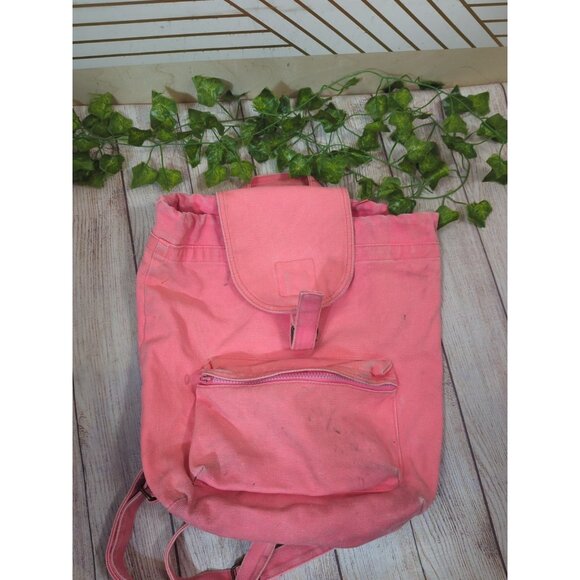 Baggu NEON PINK Coral Canvas Drawstring Foldover Rucksack Backpack - Picture 2 of 8